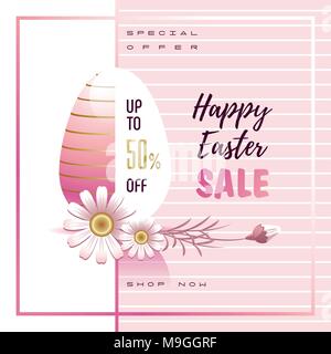 Frohe Ostern Verkauf. Gruß Banner, Flyer. Easter Egg, Daisy Blumen und Vertrieb Text. Vector Illustration. Stock Vektor