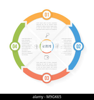 Kreis Infografik Vorlage mit vier Elementen, Schritte und Optionen, Workflow oder Prozessdiagramm, Daten Visualisierung, Vector EPS 10 Abbildung Stockfoto