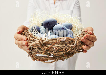 Frau mit einem Nest mit Eiern in eine Hand auf grauem Hintergrund Stockfoto