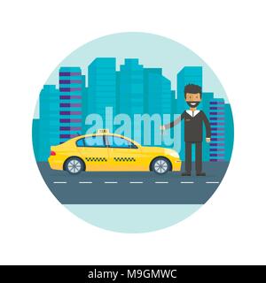 Maschine gelbes Taxi mit Fahrer in der Stadt. Öffentliches Taxi Service Konzept. Flache Vector Illustration. Stock Vektor