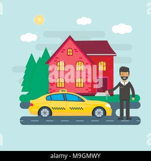 Maschine gelbes Taxi mit Fahrer in der Stadt. Öffentliches Taxi Service Konzept. Flache Vector Illustration. Stock Vektor