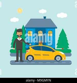 Maschine gelbes Taxi mit Fahrer in der Stadt. Öffentliches Taxi Service Konzept. Flache Vector Illustration. Stock Vektor