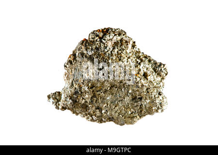 Makroaufnahmen von natürlichen Edelstein. Das rohe Mineral ist arsenopyrit. Indonesien. Isoliertes Objekt auf einem weißen Hintergrund. Stockfoto