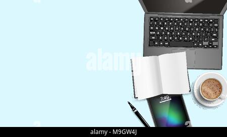Ansicht von oben Büro Schreibtisch Hintergrund Vektor. Arbeitsplatz Tabelle. Laptop, Computer, Tastatur, Kaffeetasse, Smartphone, Notebook, Tisch. Vorlage Abbildung Stock Vektor