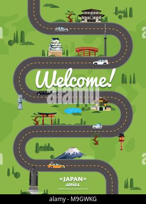Nach Japan Poster mit berühmten Sehenswürdigkeiten Willkommen Stock Vektor