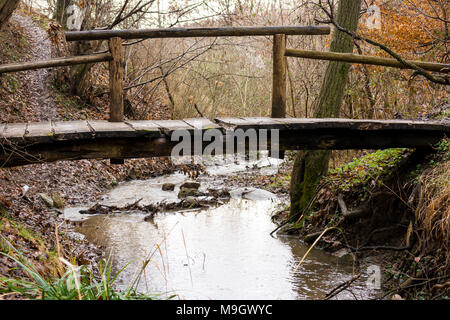 Alte Holzbrücke, unter denen der Bach geht. In den Wäldern. Stockfoto