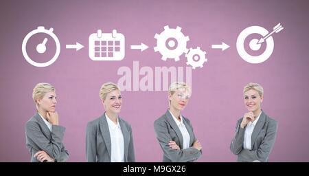 Geschäftsfrau Denken in der Sequenz mit Ideen und Brainstorming Prozess Symbole Stockfoto
