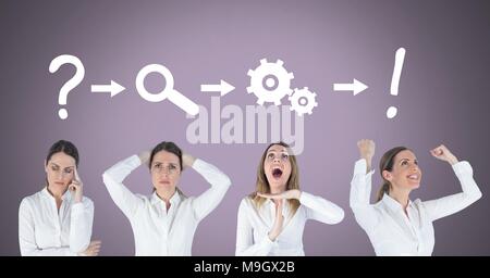 Geschäftsfrau Denken in der Sequenz mit Ideen und Brainstorming Prozess Symbole Stockfoto