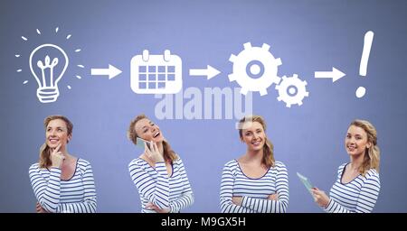 Frau denken in der Sequenz mit Ideen und Brainstorming Prozess Symbole Stockfoto