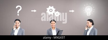 Geschäftsfrau Denken in der Sequenz mit Ideen und Brainstorming Prozess Symbole Stockfoto