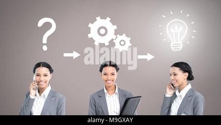 Geschäftsfrau Denken in der Sequenz mit Ideen und Brainstorming Prozess Symbole Stockfoto