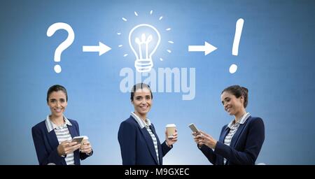 Geschäftsfrau Denken in der Sequenz mit Ideen und Brainstorming Prozess Symbole Stockfoto
