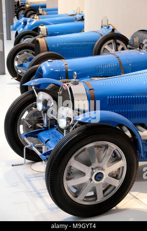 Reihe von Bugatti, Cité de l'Automobile / Automobil Museum, Mulhouse, Elsass, Frankreich Stockfoto