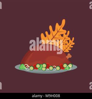 Thanksgiving Design mit gebratener Truthahn und Blätter im Herbst über braunen Hintergrund, farbenfrohen Design. Vector Illustration Stock Vektor