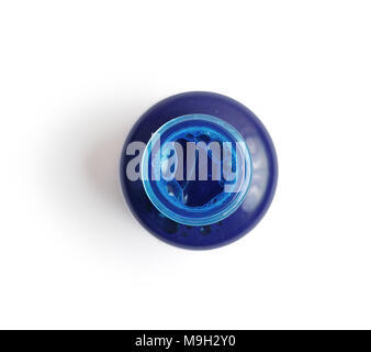 Blaue Tinte für Kalligraphie Tinte Flasche isoliert Freistellungsmaske auf weißem Hintergrund, Ansicht von oben Stockfoto