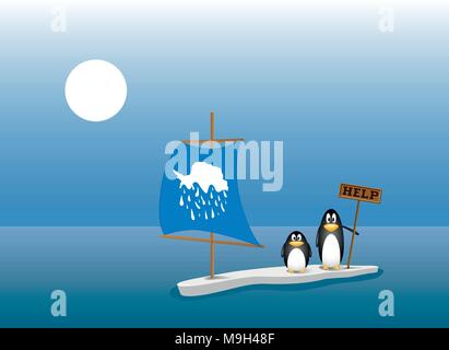 Zwei Pinguine hinter Links sind auf der letzten Eisscholle nach all dem Eis berg geschmolzen ist. Das Konzept der globalen Erwärmung, Klimawandel Stock Vektor