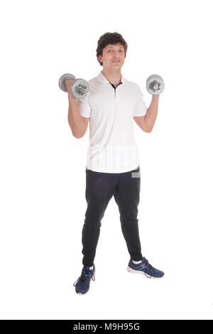 Eine flaute Körper Bild einer jungen kaukasischen Mann in Ausübung Outfit hält zwei Kurzhanteln, auf weißem Hintergrund Stockfoto