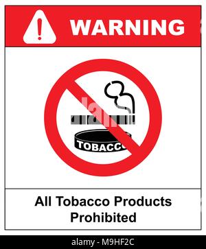 Alle Tabakerzeugnisse verboten Symbol. No Smoking Sign. Vector Illustration auf weißem Hintergrund. Warnung verboten Symbol, schwarze Piktogramm in roter Kreis Stock Vektor