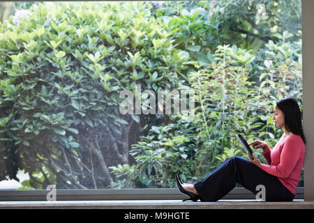 Gemischten Rennen kaukasischen Frau auf einem Laptop in einem Business Center in der Lobby. Stockfoto