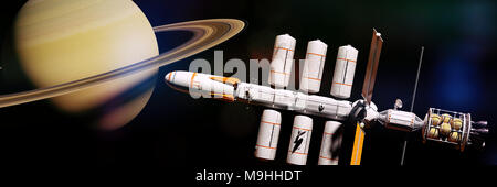 Raumschiff auf eine Mission zu den Ring Planeten Saturn, Raumschiff in der Umlaufbahn eines Gasriesen (3d-science fiction machen Banner, Elemente des Bildes sind und Stockfoto