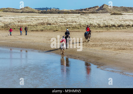 UK, Anglesey, Aberffraw. 25. März 2018. Reiten und Hund Wandern am Ufer der Mündung an aberffraw. Stockfoto