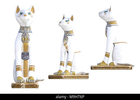 Einstellen der Ägyptischen Katze Statuen auf Weiß, 3D-Render isoliert. Stockfoto