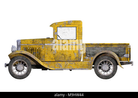 1930 Vintage Pickup truck Gelb auf Weiß, 3D-Render isoliert. Stockfoto