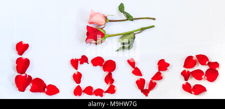 Rot und rosa Rose und das Wort Liebe buchstabiert mit isolierten roten Rosen auf weißem Hintergrund perfekt für Valentines Tag Stockfoto