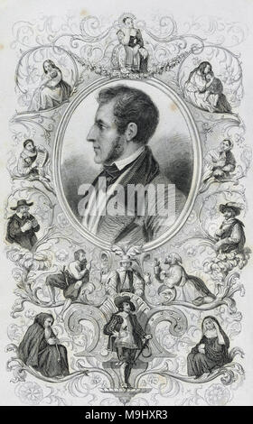 Alessandro Manzoni (1785-1873). Italienische Schriftsteller und Dichter. Die Verlobten. Sein erster Roman, 1827 veröffentlicht. Gravur der Autor in der zweiten Auflage, die Darstellungen von Zeichen der Verlobten eingerahmt. Stockfoto