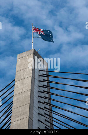 Einer der Türme der Anzac Bridge in Pyrmont, Sydney, Australien, zeigt die massiven Stahlseile Stockfoto