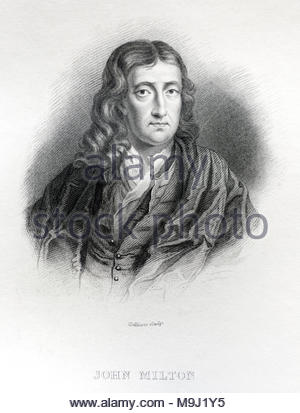 John Milton Portrait, 1608 - 1674, war ein englischer Dichter berühmt für sein Gedicht Paradise Lost, antike Gravur ca. 1850 Stockfoto
