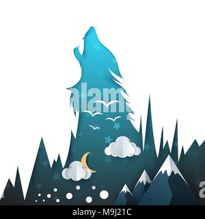 Wolf Abbildung. Cartoon Papier Landschaft. Stock Vektor
