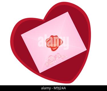Eine Darstellung der Valentinstag Herz und ein rosa Umschlag mit dekorativen roten Wachssiegel und rosa Rose Dekoration auf weißem Hintergrund Stock Vektor
