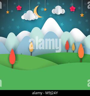 Cartoon Papier Landschaft. Mond, Cloud, Stern, Baum, Landschaft. Stock Vektor