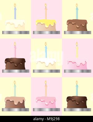 Ein Vektor Abbildung im EPS 10 Format einer Partei Einladung Design mit Geburtstag Kuchen in verschiedenen Geschmacksrichtungen mit bunten Kerzen Stock Vektor