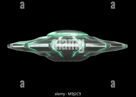 UFO, geheimnisvolle grüne Alien Raumschiff außerirdischer Besucher mit fliegenden Untertasse (3d-science fiction space Rendern auf schwarzem Hintergrund isoliert) Stockfoto