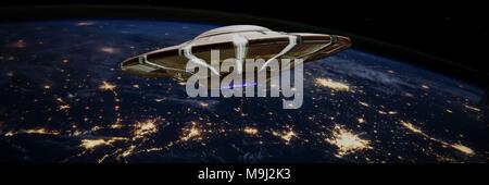 UFO, außerirdisches Raumschiff mit in den Nachthimmel mit city night lights des Planeten Erde (3d-science fiction Platz machen, Banner, Elemente dieses Bild sind Furn Stockfoto