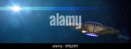 UFO, außerirdisches Raumschiff im Weltall, fliegende Untertasse mit Sternen der Milchstraße (3d-Grafik Banner) Stockfoto