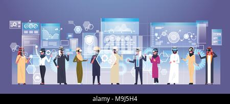 Gruppe arabischer Geschäftsleute tragen moderne 3D-Brille durch futuristische Benutzeroberfläche Virtual Reality Technologie Konzept Stock Vektor