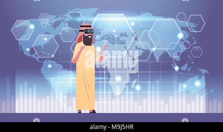 Arabische Business Mann mit 3D-Brille durch futuristische Benutzeroberfläche mit Weltkarte Hintergrund Virtual Reality Technologie Konzept Stock Vektor
