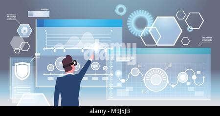 Rückansicht der Geschaeftsmann in der 3D-Brille mit futuristischen Schnittstelle Virtual Reality Technologie Konzept Stock Vektor