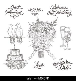 Satz von Hochzeit verwandte Skizzen und Pinsel Kalligraphie. Schließt Wein Glas, Blumenstrauß, Tauben und Kuchen Dekor Skizze. Stock Vektor