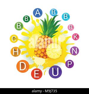 Ananas über Farbe Splash Hintergrund frischen Saft und Vitamine Logo natürliche Nahrung landwirtschaftliche Produkte Stock Vektor