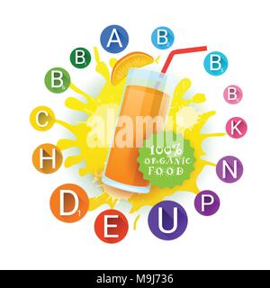 Orangensaft Glas und Vitamine Set Logo natürliche Nahrung landwirtschaftliche Produkte Aufkleber über Farbe Splash Hintergrund Stock Vektor