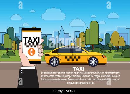 Mobile Taxi Service Hand Smart Phone mit Online Bestellung App über Yellow Cab Auto auf der Straße Stock Vektor