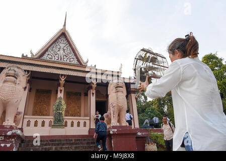 Phnom Penh, Kambodscha - 17. Januar 2018: Die Frau, die Vögel befreit von einem Käfig in buddhistischen Tempel von Wat Phnom, Phnom Penh Kambodscha Stockfoto