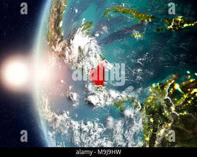 Satellitenansicht von Nicaragua in Rot hervorgehoben auf dem Planeten Erde mit Wolken und sichtbare Grenzen während des Sonnenuntergangs. 3D-Darstellung. Elemente der Thi Stockfoto