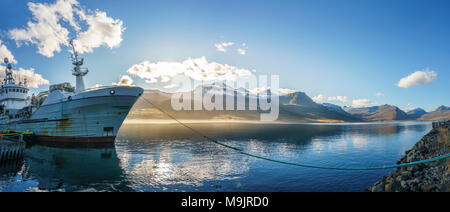 Fischtrawler im Hafen, Fáskrúdsfjördur, Ost Island Stockfoto