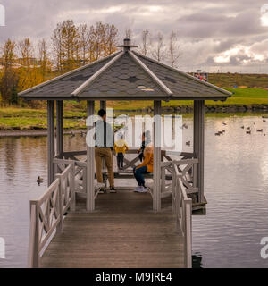 Familie Füttern der Vögel von einem Pavillon, Kopavogur, Island Stockfoto