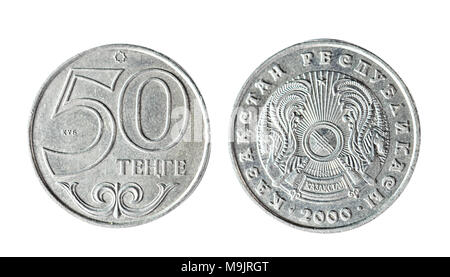 50 Kasachstan Tenge 2000 Jahr. Isoliertes Objekt auf einem weißen Hintergrund. Stockfoto